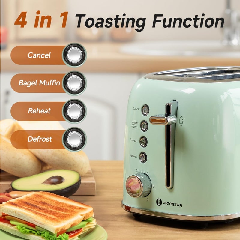 Aigostar Toaster 2 Slice Retro Toaster Stainless Steel, 1.6 inch Extra Wide Slots Bread Toaster Bagel, Cancel, Defrost Function, 6 Shade Settings & Removable Crumb Tray for Bread Waffle, Aqua Green - Image 2